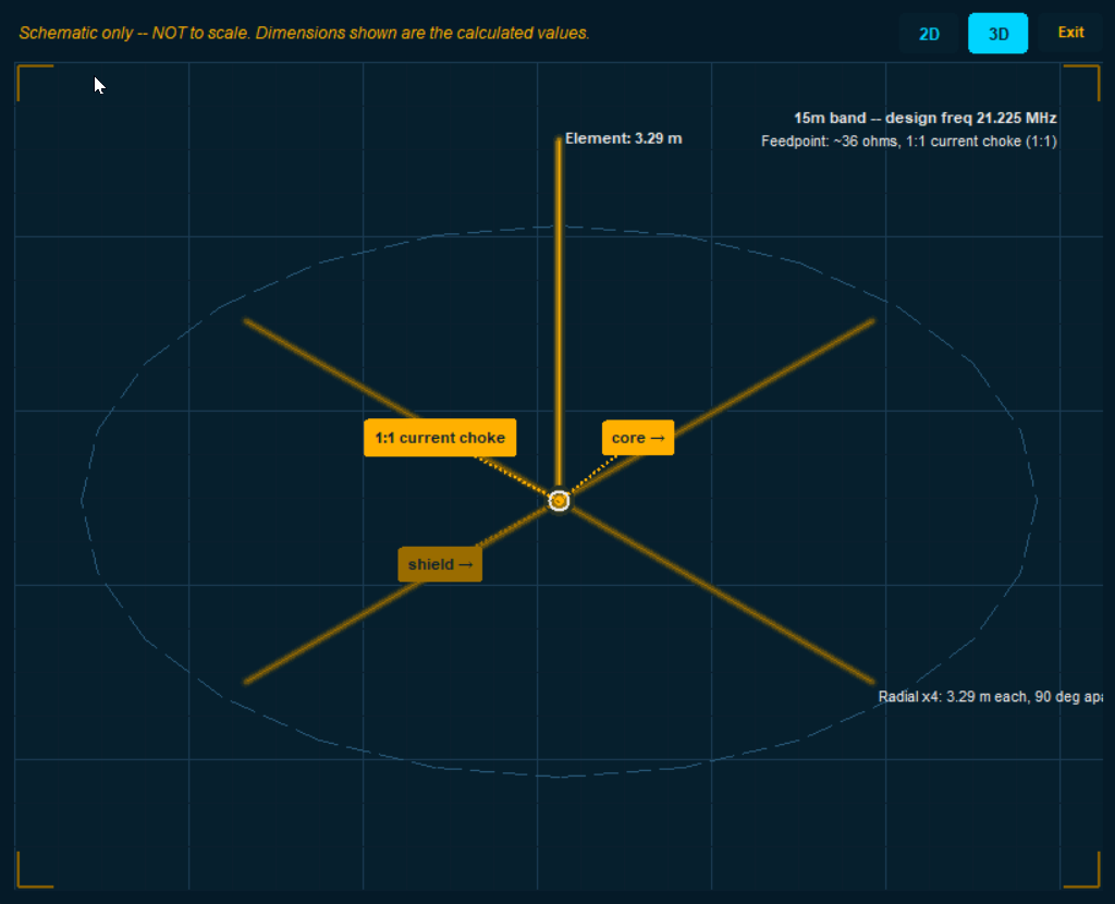 HAM Antenna Designer - 3D antenna schematic with glowing amber visualization